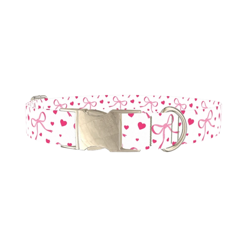 Light Pink Ribbon Heart Dog Collar - metal silver