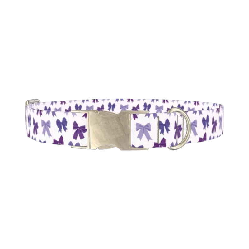 Purple Bow Dog Collar - metal silver