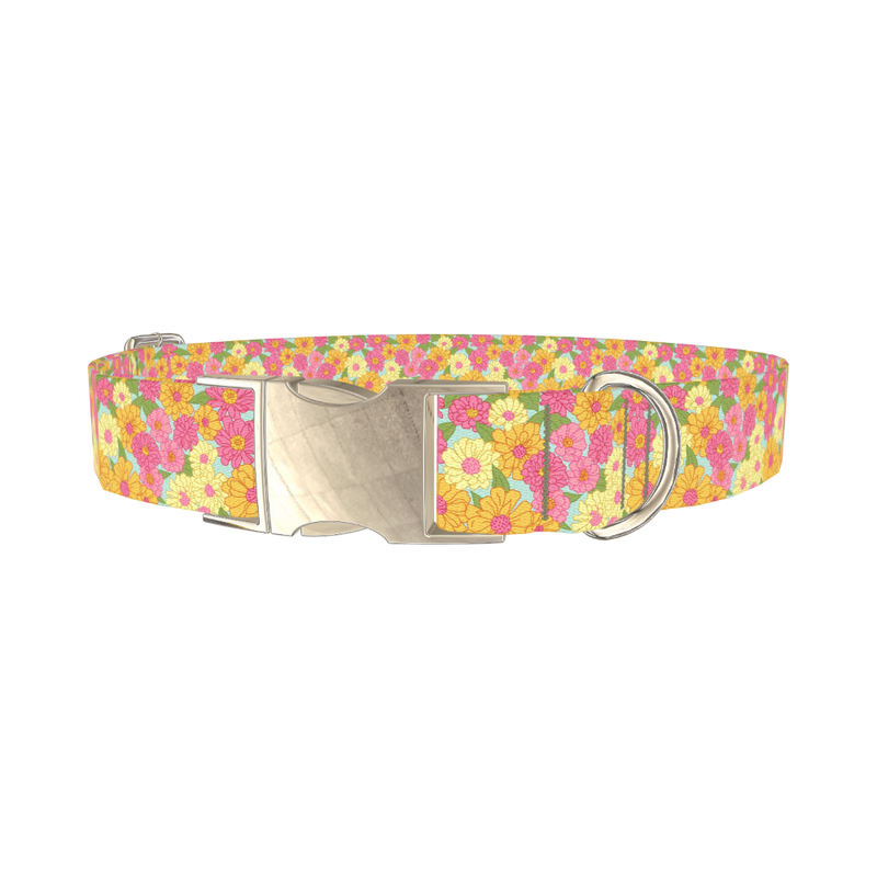 Floral Gerberas Dog Collar - metal silver