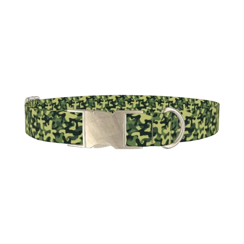 Dark Green Camo Dog Collar - metal silver