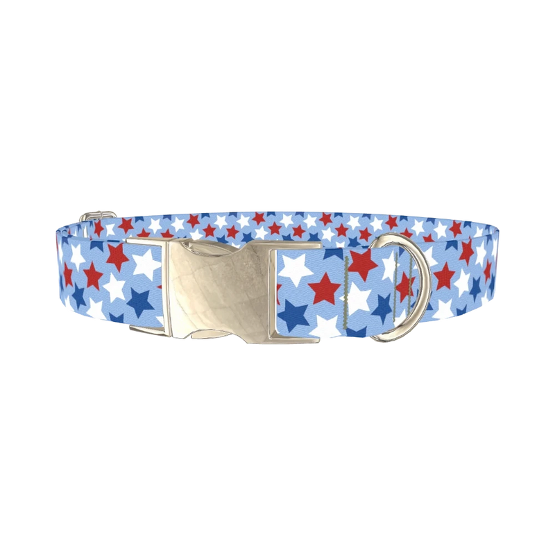 Blue Patriotic Stars Dog Collar - metal silver