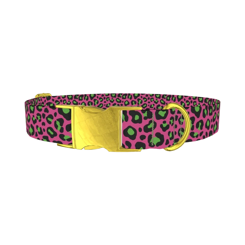 Pink Leopard Print Dog Collar - metal gold