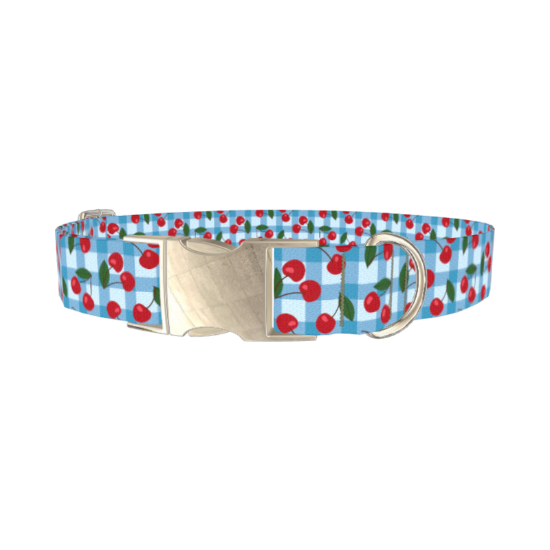 Gingham Cherry Dog Collar - metal silver