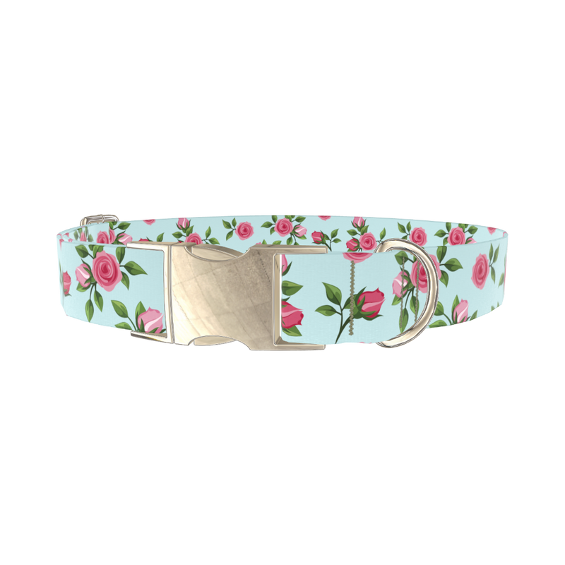 Pink Rose Blossom Dog Collar - metal silver