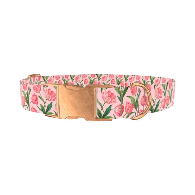 Pink Tulip Blossom Dog Collar - metal silver