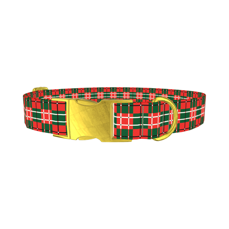 Festive Green Red Plaid Dog Collar - metal gold