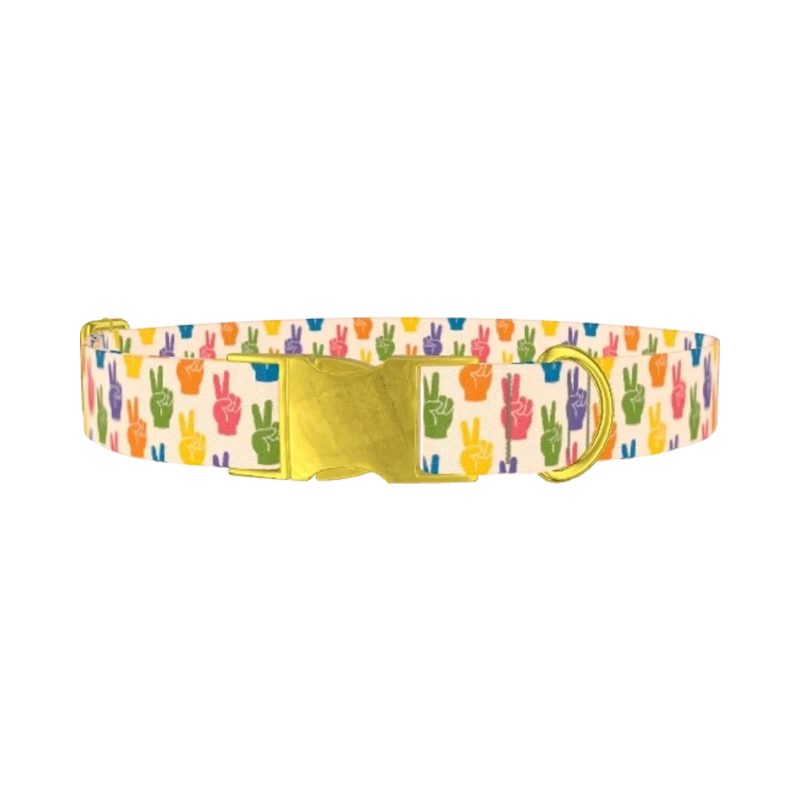 Peace Sign Pattern Dog Collar - metal gold