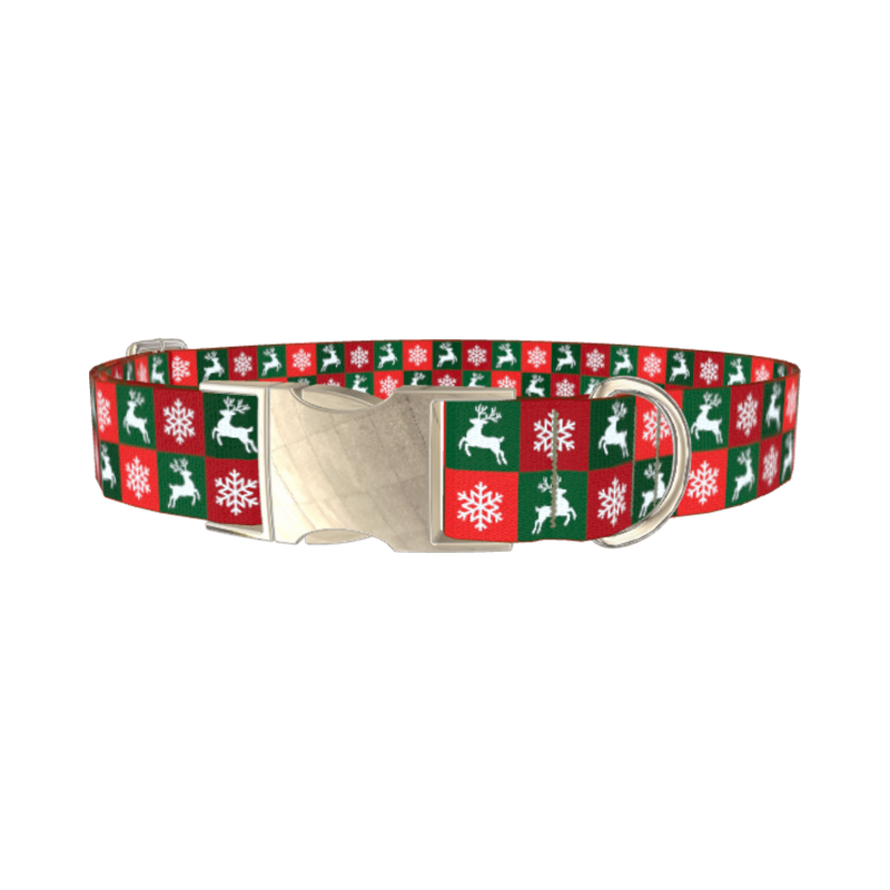 Christmas Plaid Deer Dog Collar - metal silver