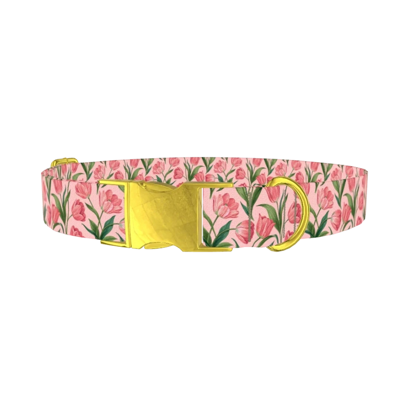 Pink Tulip Blossom Dog Collar - metal gold