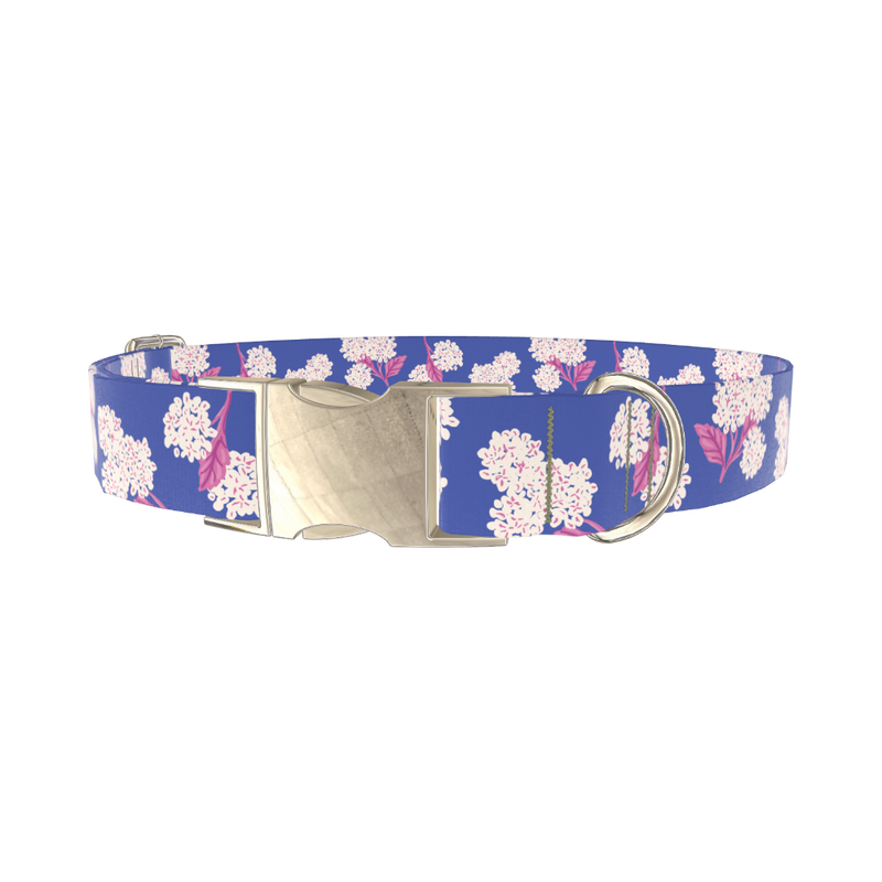Blue Hydrangea Pattern Dog Collar - metal silver