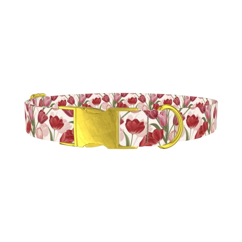 Red Pink Tulip Dog Collar - metal gold