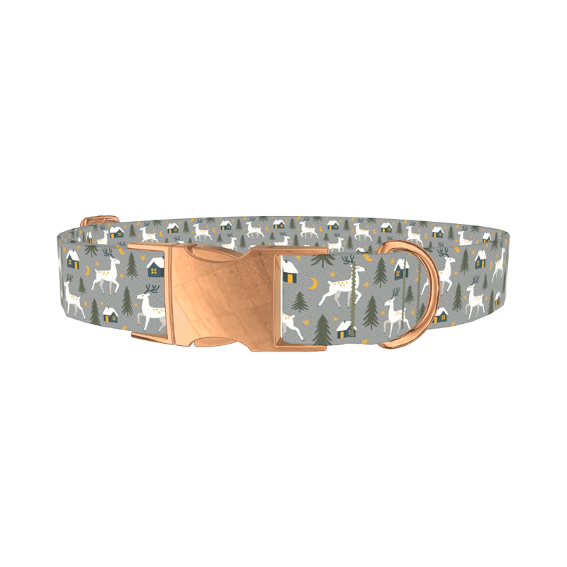 Deer and Cabin Forest Dog Collar - metal rose gold