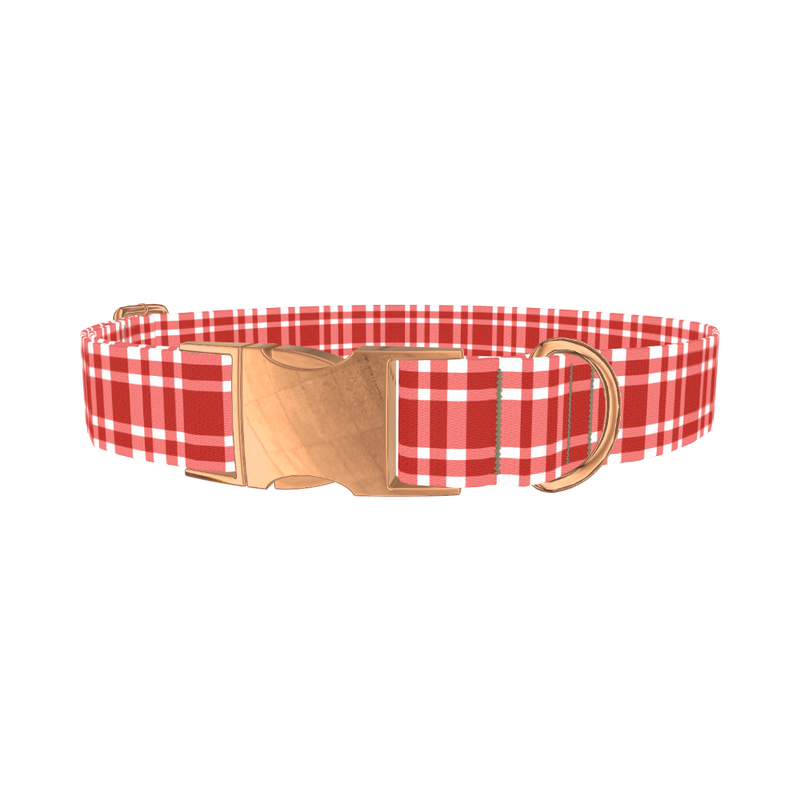 Red Plaid Dog Collar - metal rose gold