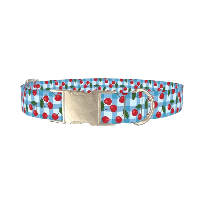 Gingham Cherry Dog Collar - metal silver