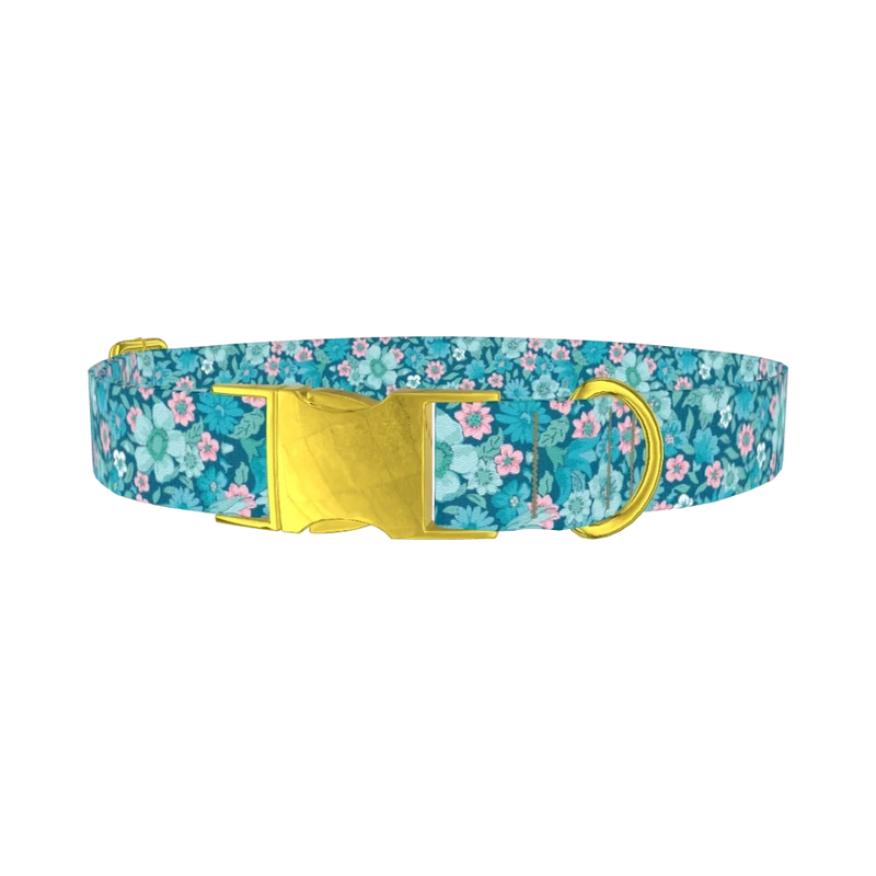 Floral Blue Dog Collar - metal gold