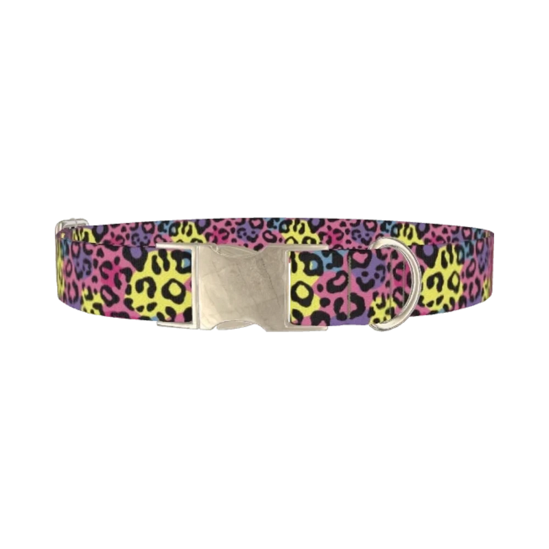 Colorful Leopard Print Dog Collar - metal silver