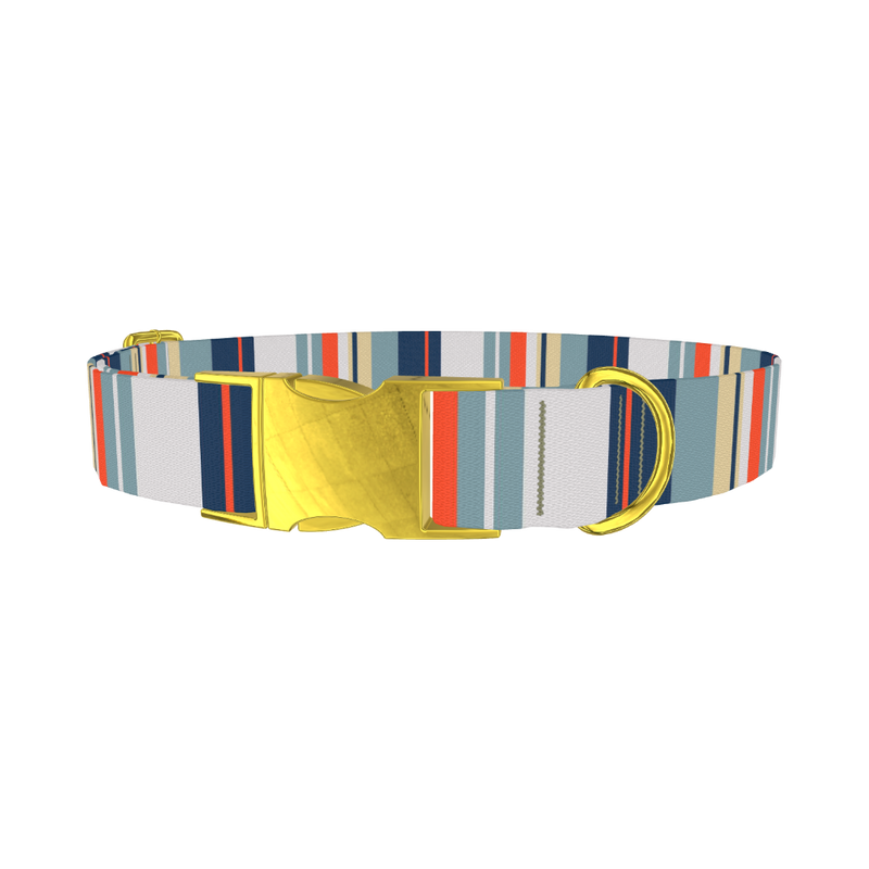 Beige Blue Stripe Dog Collar - metal gold