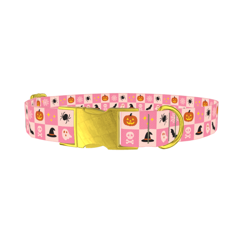 Halloween Tiles Dog Collar - metal gold