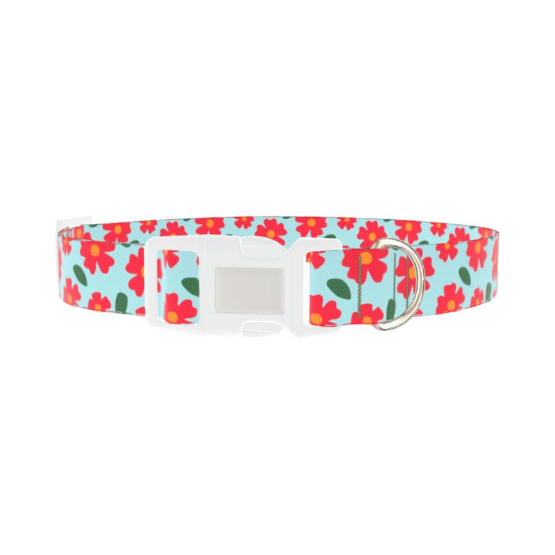 Red Floral Dog Collar - plastic silver