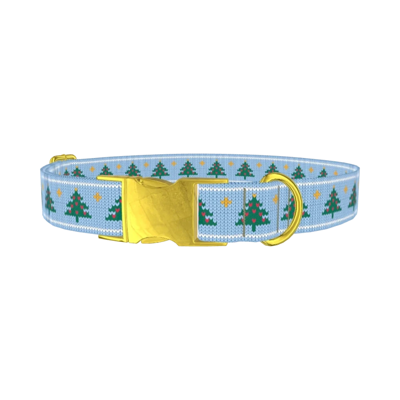 Blue Knitted Christmas Tree Dog Collar - metal gold