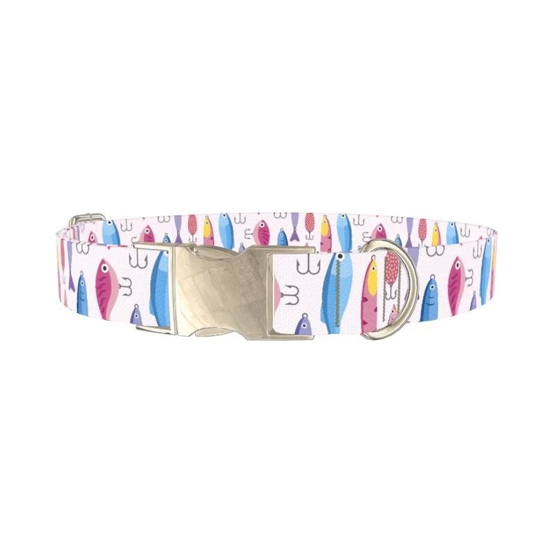 Fishing Lure Pattern Dog Collar - metal silver
