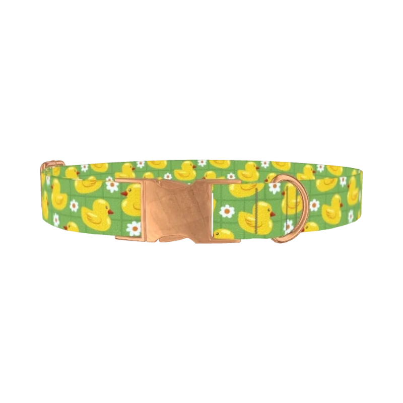 Yellow Duck Pattern Dog Collar - metal rose gold