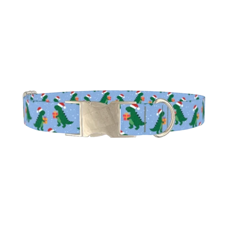 Christmas Dinosaur Dog Collar - metal silver