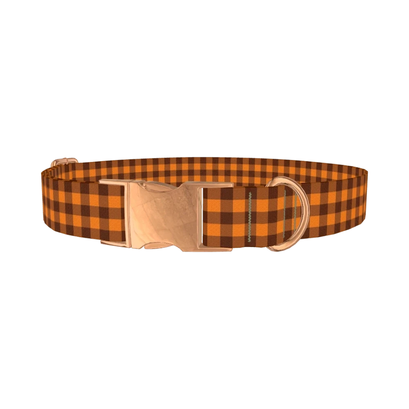Brown Checkered Dog Collar - metal rose gold