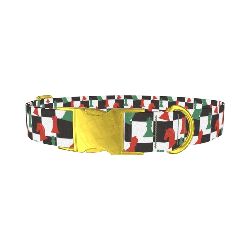 Checkered Chess Piece Dog Collar - metal gold