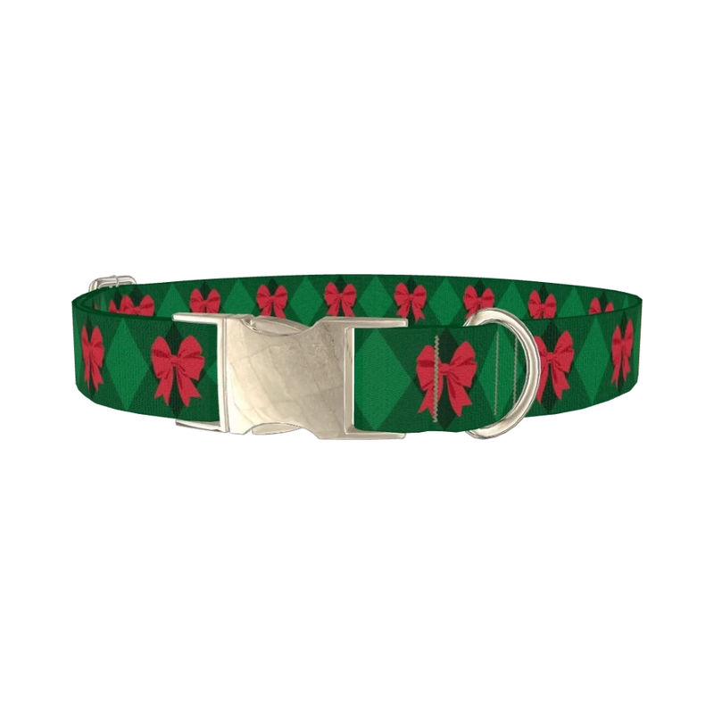 Red Bow Plaid Dog Collar - metal silver