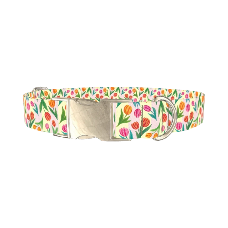 Floral Tulip Stripes Dog Collar - metal silver