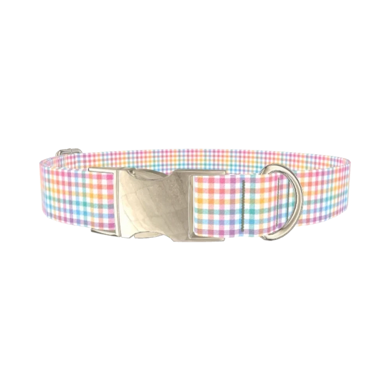 Pastel Gingham Dog Collar - metal silver
