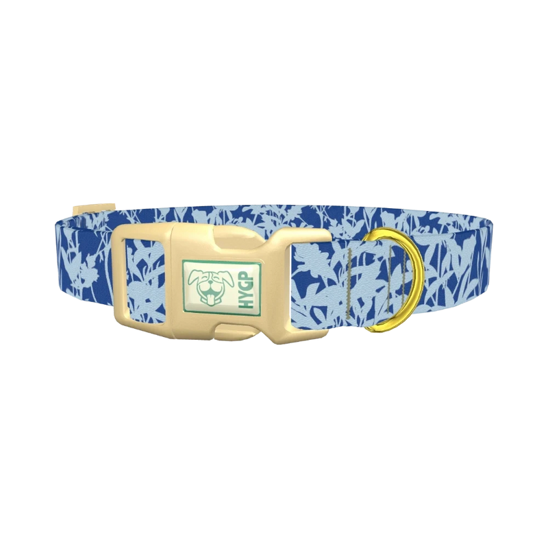 Blue Botanical Silhouette Dog Collar - plastic gold