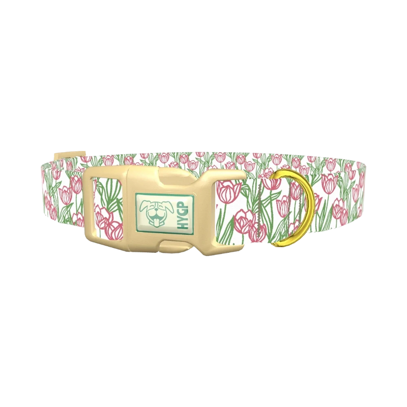 Pink Tulip Sketch Dog Collar - plastic gold