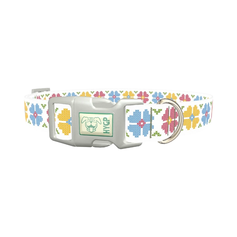 Floral Embroidery Dog Collar - plastic silver