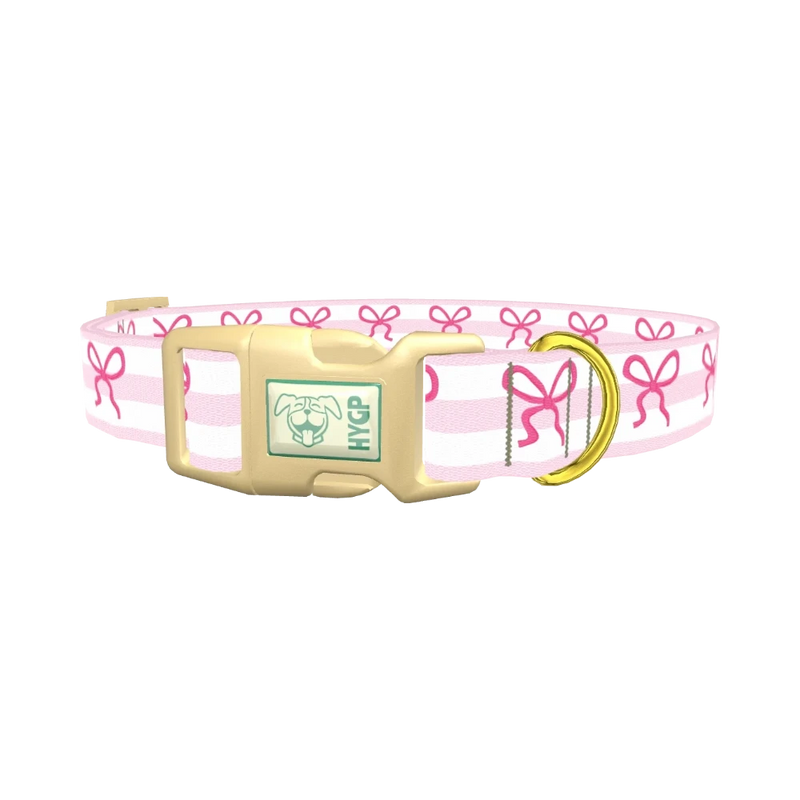 Pink Bow Stripe Dog Collar - plastic gold