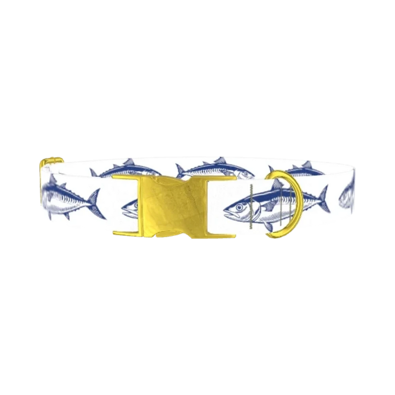 Dark Blue Fish Pattern Dog Collar - metal gold