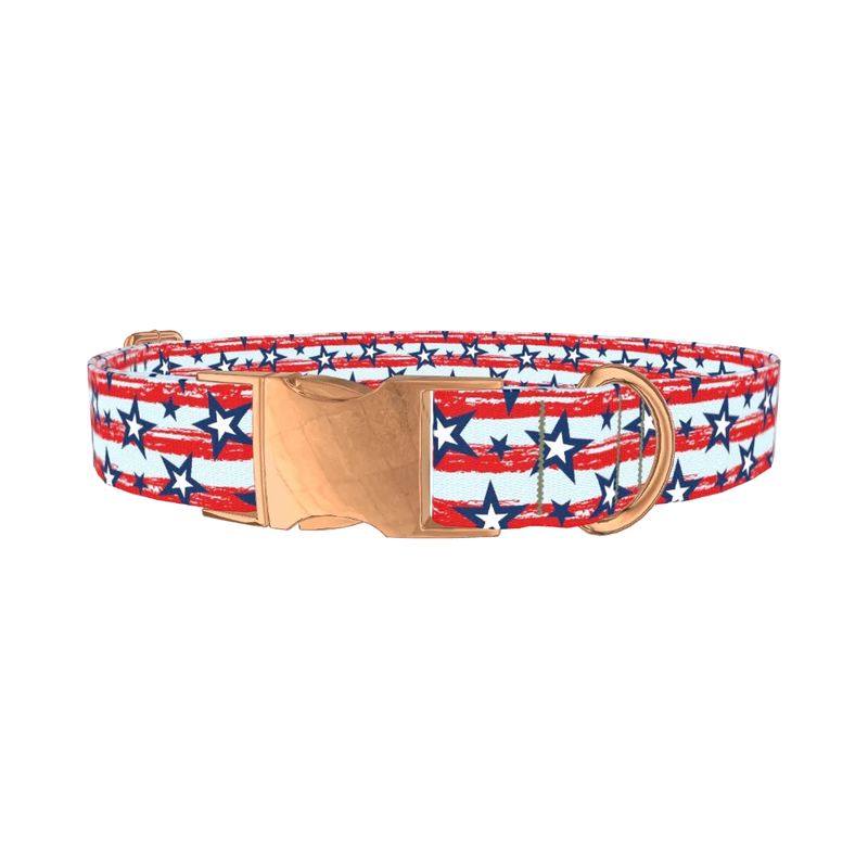 Patriotic Stripes Stars Dog Collar - metal rose gold