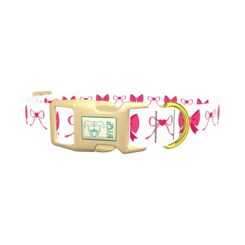 Pink Heart Bow Dog Collar - plastic gold