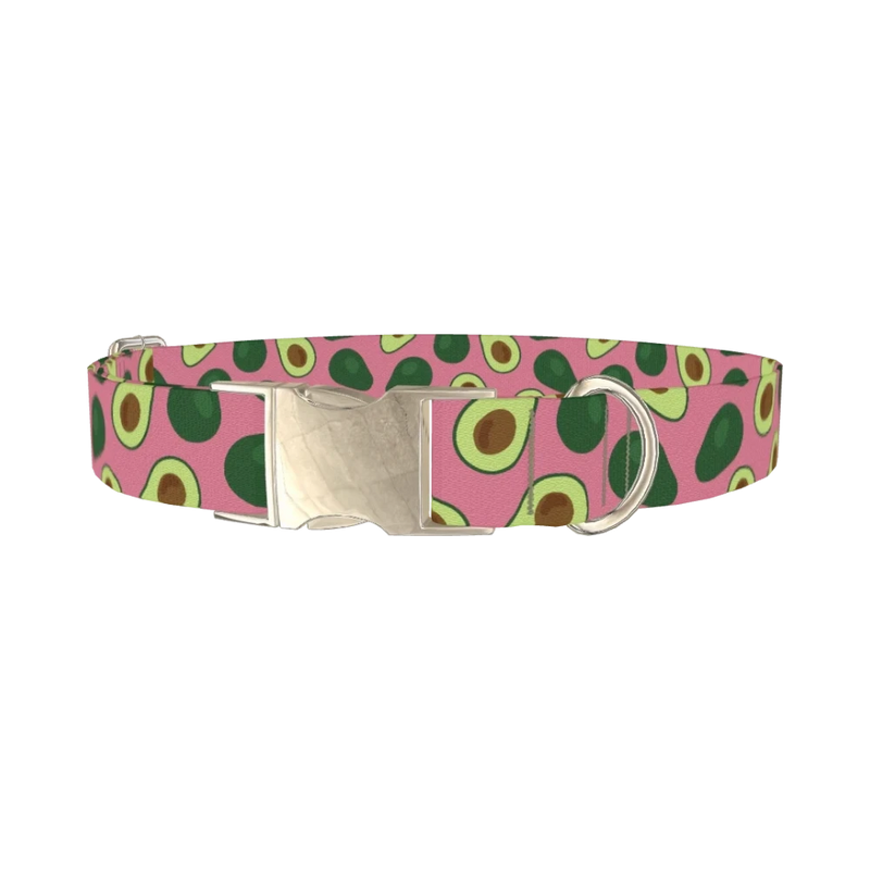 Pink Avocado Print Dog Collar - metal silver