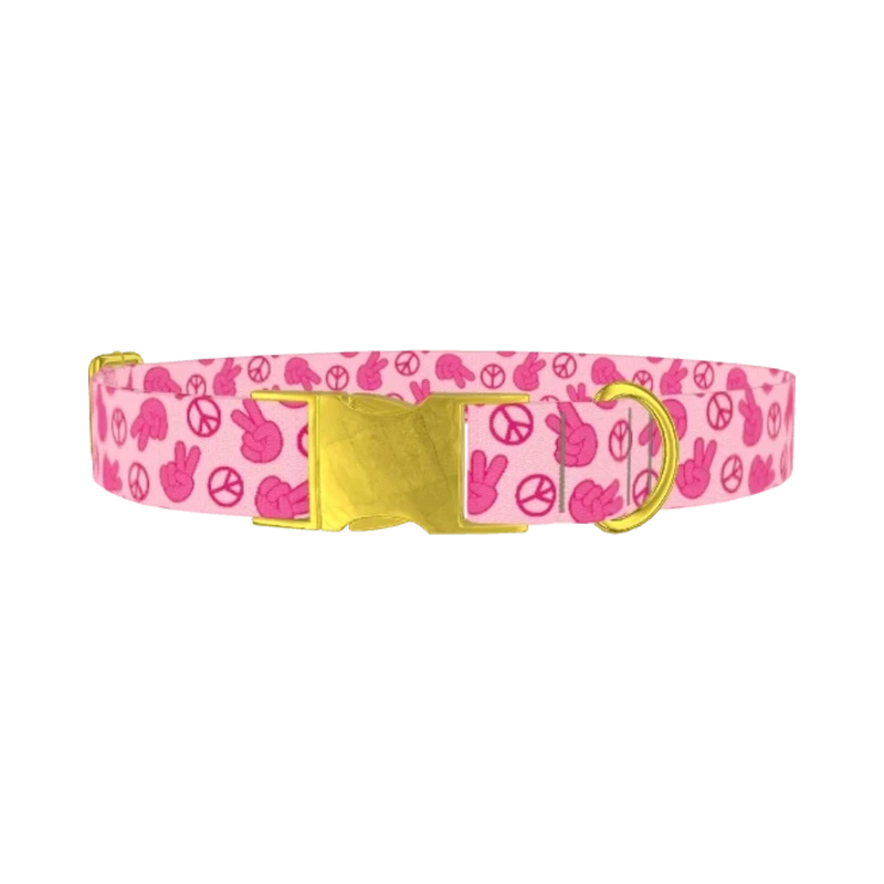 Pink Peace Sign Dog Collar - metal gold