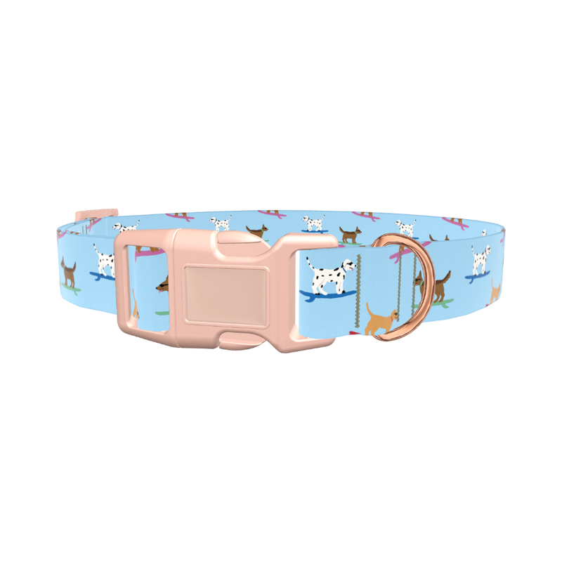 Surfing Dogs Blue Dog Collar - plastic gold