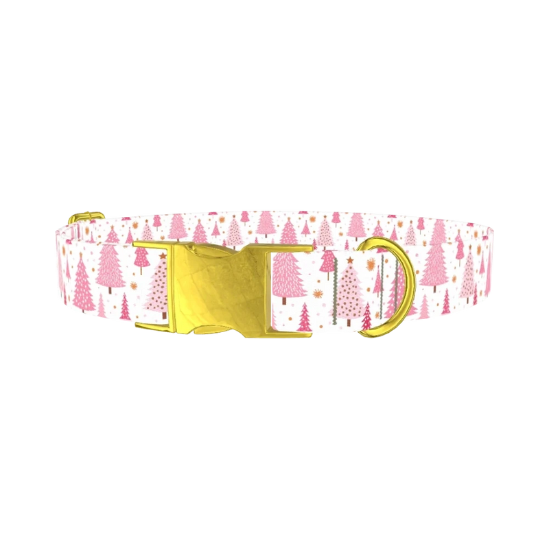 Pink Festive Trees Dog Collar - metal gold