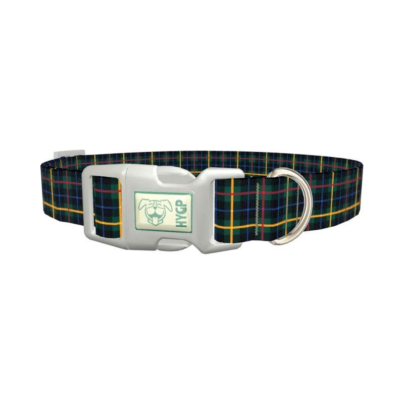 Blue Green Tartan Dog Collar - plastic silver