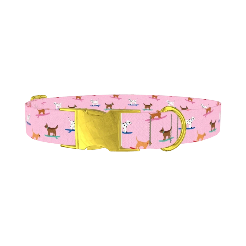 Surfing Dogs Pink Dog Collar - metal gold