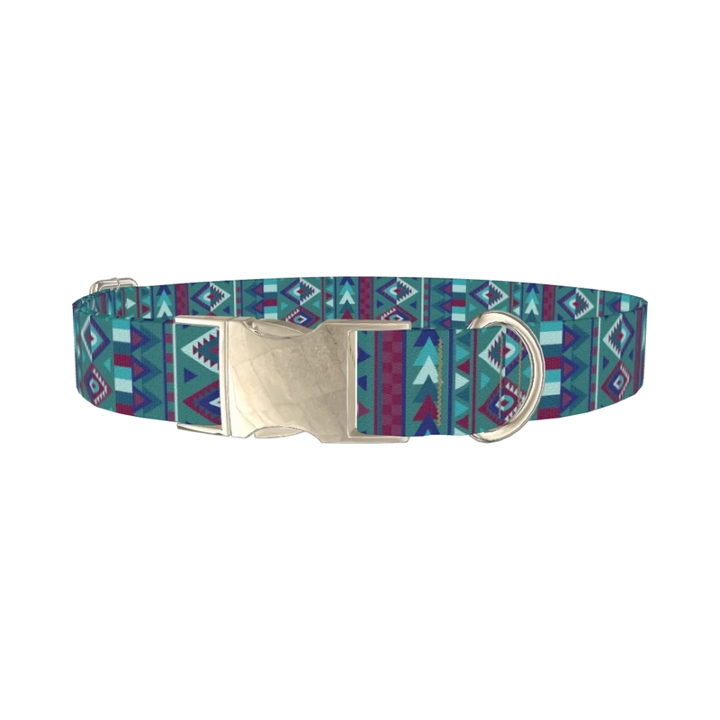 Teal Tribal Geometric Dog Collar - metal silver