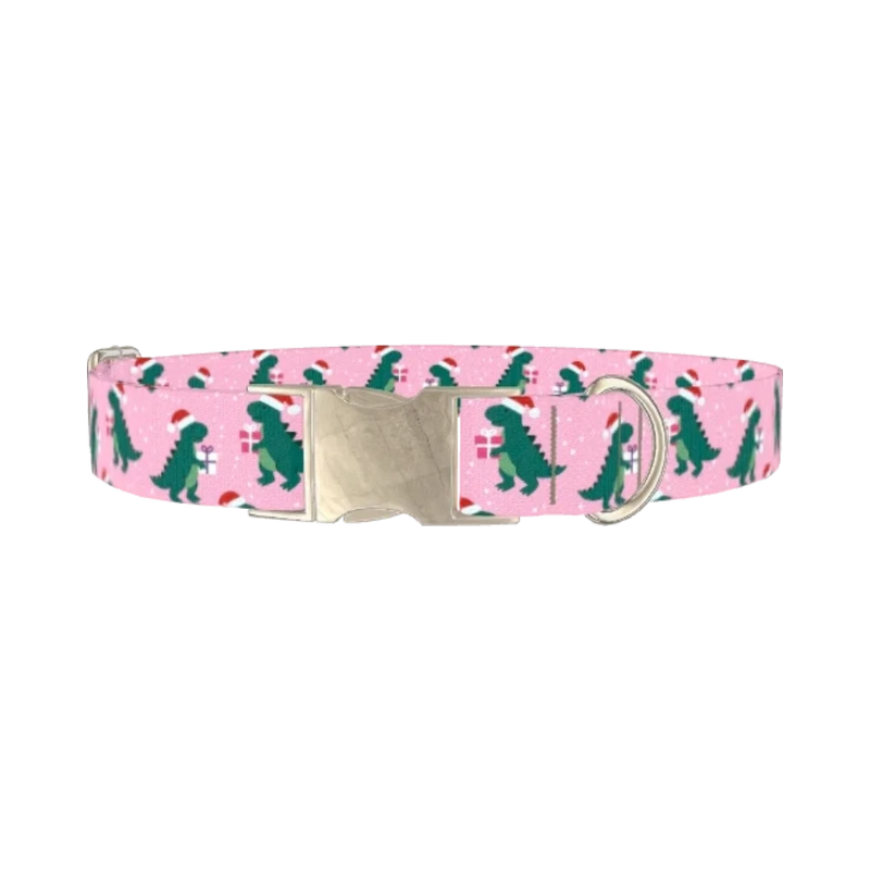Christmas Dino Dog Collar - metal silver