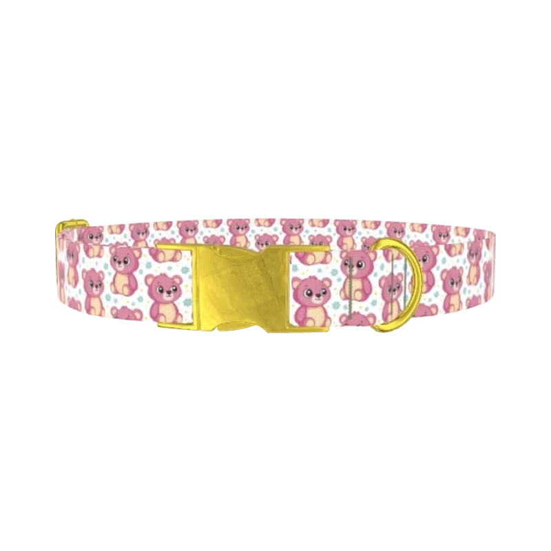 Pink Teddy Floral Dog Collar - metal gold