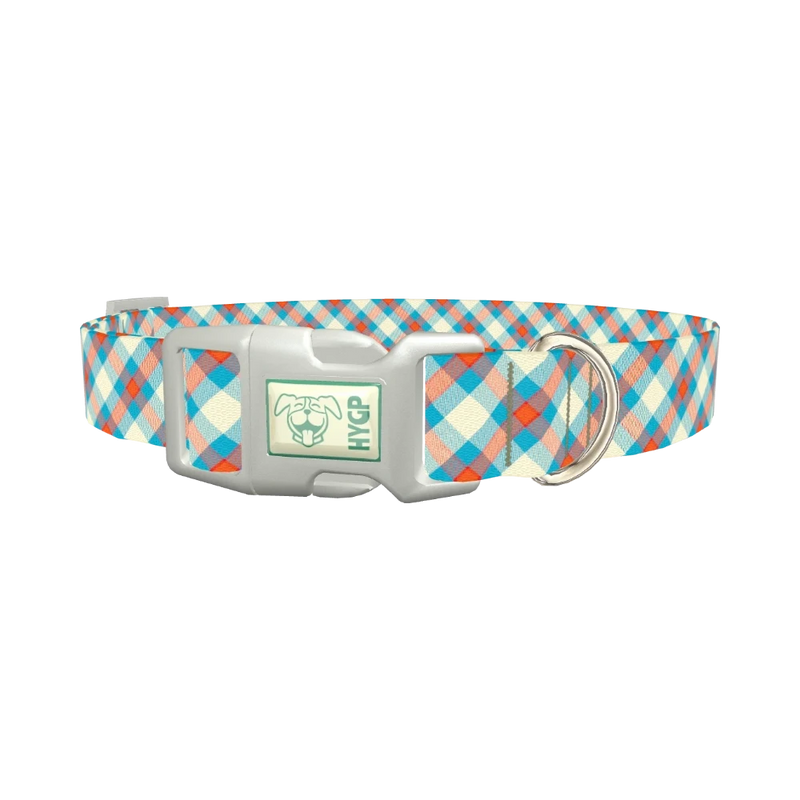 Orange Blue Checkered Dog Collar - plastic silver