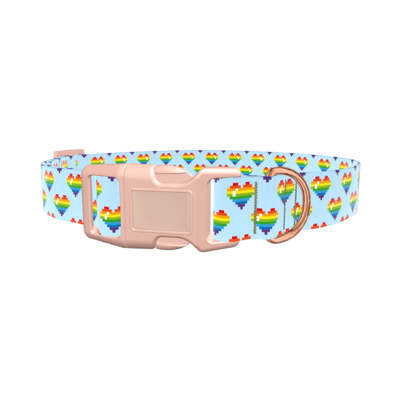 Pixel Rainbow Heart Dog Collar - plastic silver
